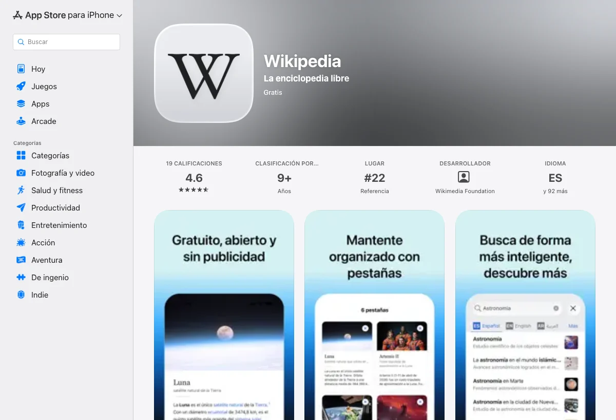 Captura propia de la ficha pública de Wikipedia en App Store, con nombre, subtítulo y capturas de la aplicación.