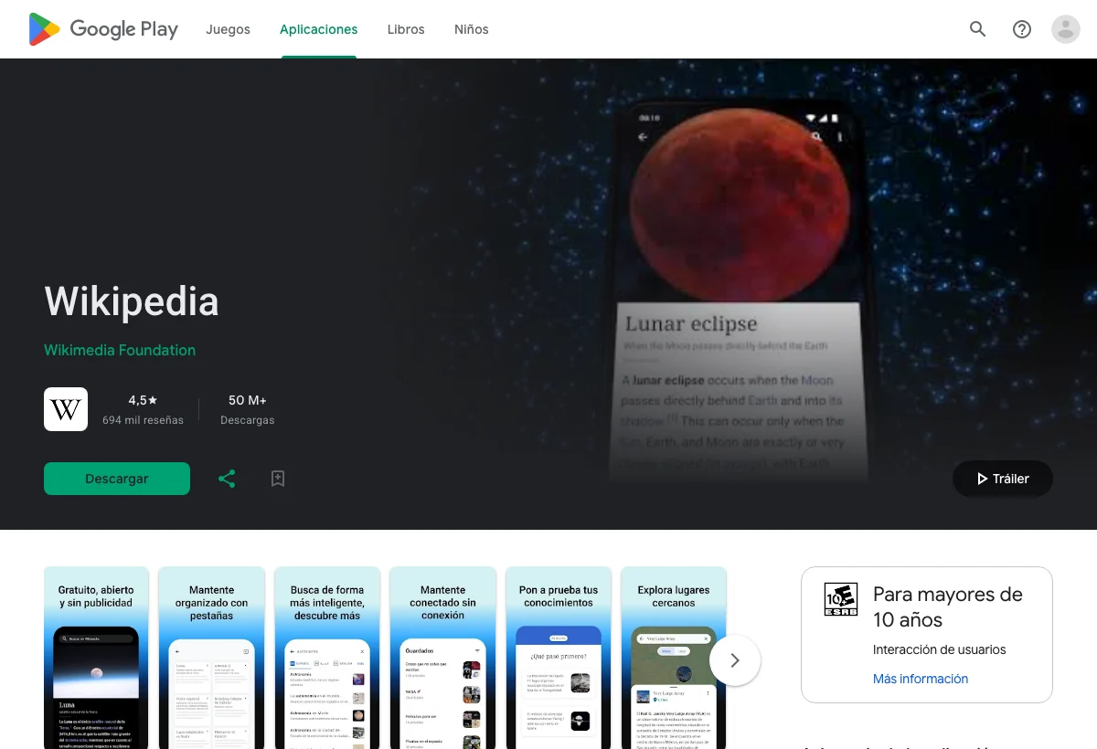 Captura propia de la ficha pública de Wikipedia en Google Play: nombre, desarrollador y capturas de la aplicación.
